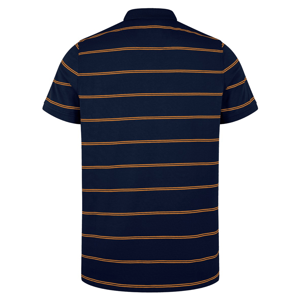Back view of the Canterbury Fundamental Yarn-Dye Stripe Polo by Canterbury, a short-sleeve navy blue shirt with thin orange horizontal stripes.
