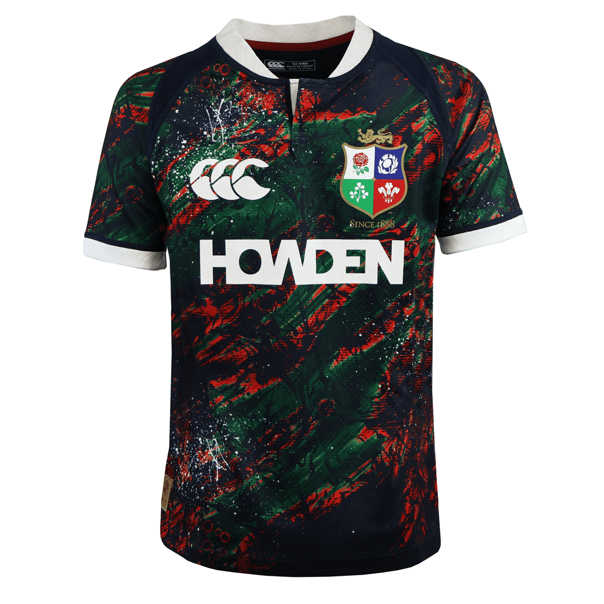The Youth British &amp; Irish Lions 2025 Warm Up Jersey by Canterbury features a vibrant abstract design with Canterbury, HOWDEN, and British &amp; Irish Lions logos against a dark backdrop. Its moisture-wicking fabric ensures comfort while you cheer for your team.