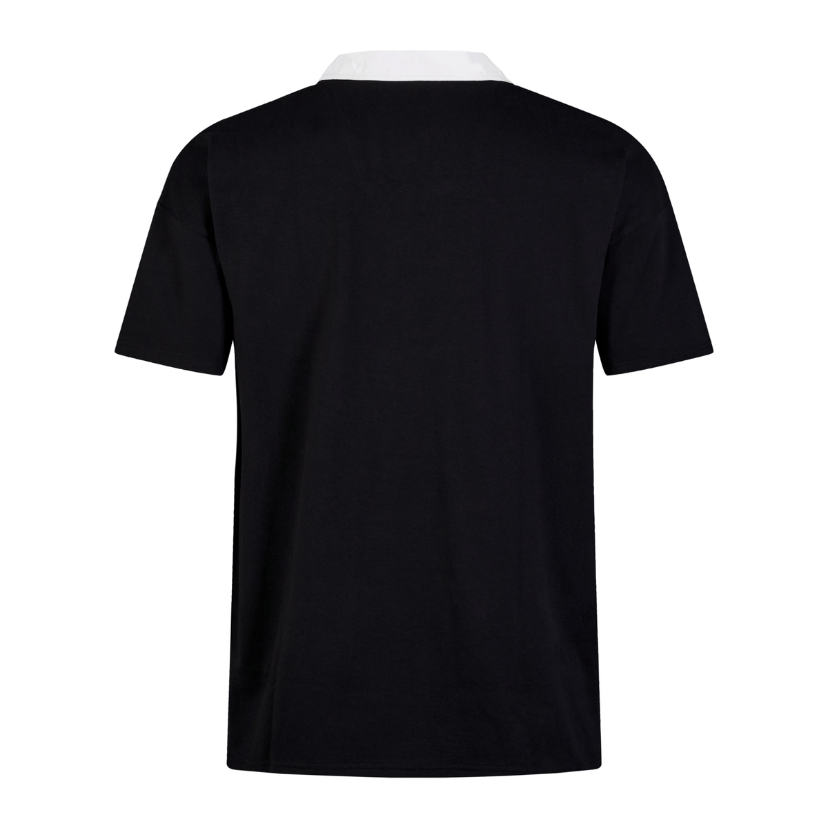 The back view of the Canterbury Solid Dye Short Sleeve Rugby Jersey, features a black body with a white collar, crafted from high-quality fabric for ultimate comfort.