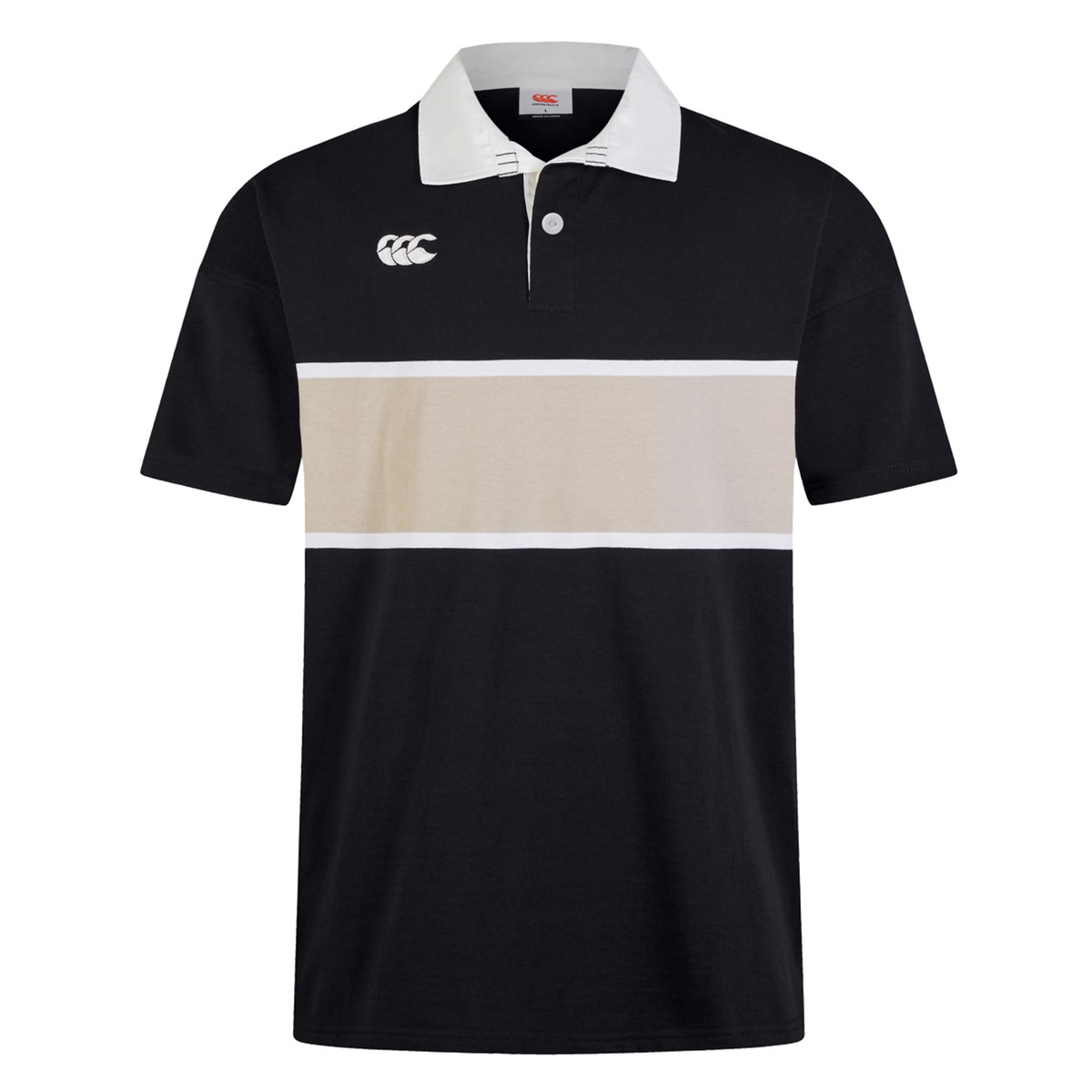 The Canterbury Yarn Dye Short Sleeve Rugby Jersey, a classic black polo shirt with white and beige stripes, features the Canterbury logo on the left chest.