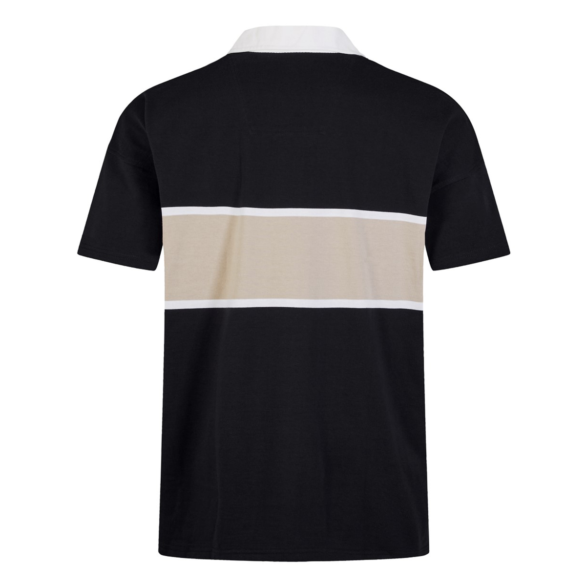 Back view of the Canterbury Yarn Dye Short Sleeve Rugby Jersey showcasing a distinctive wide white collar and a horizontal beige stripe, reflecting classic rugby design.