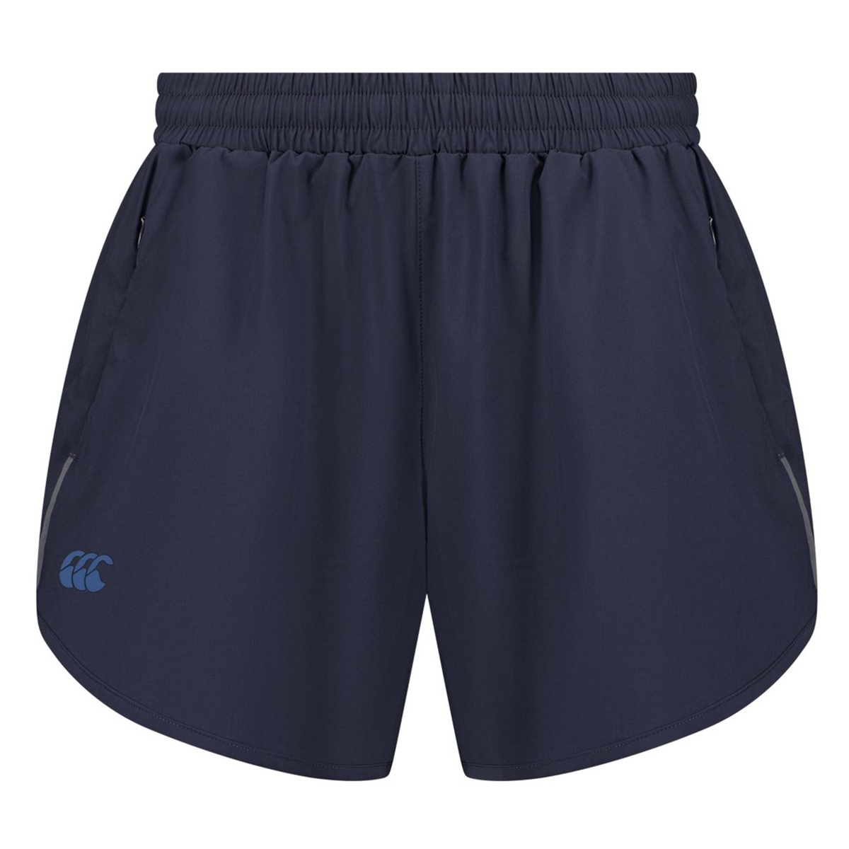 The Women&#39;s Canterbury Tempo+ 5&quot; navy blue training shorts are made with a smooth polyester-elastane blend, featuring an elastic waistband, a small logo on the lower left corner, and reflective piping for enhanced visibility.