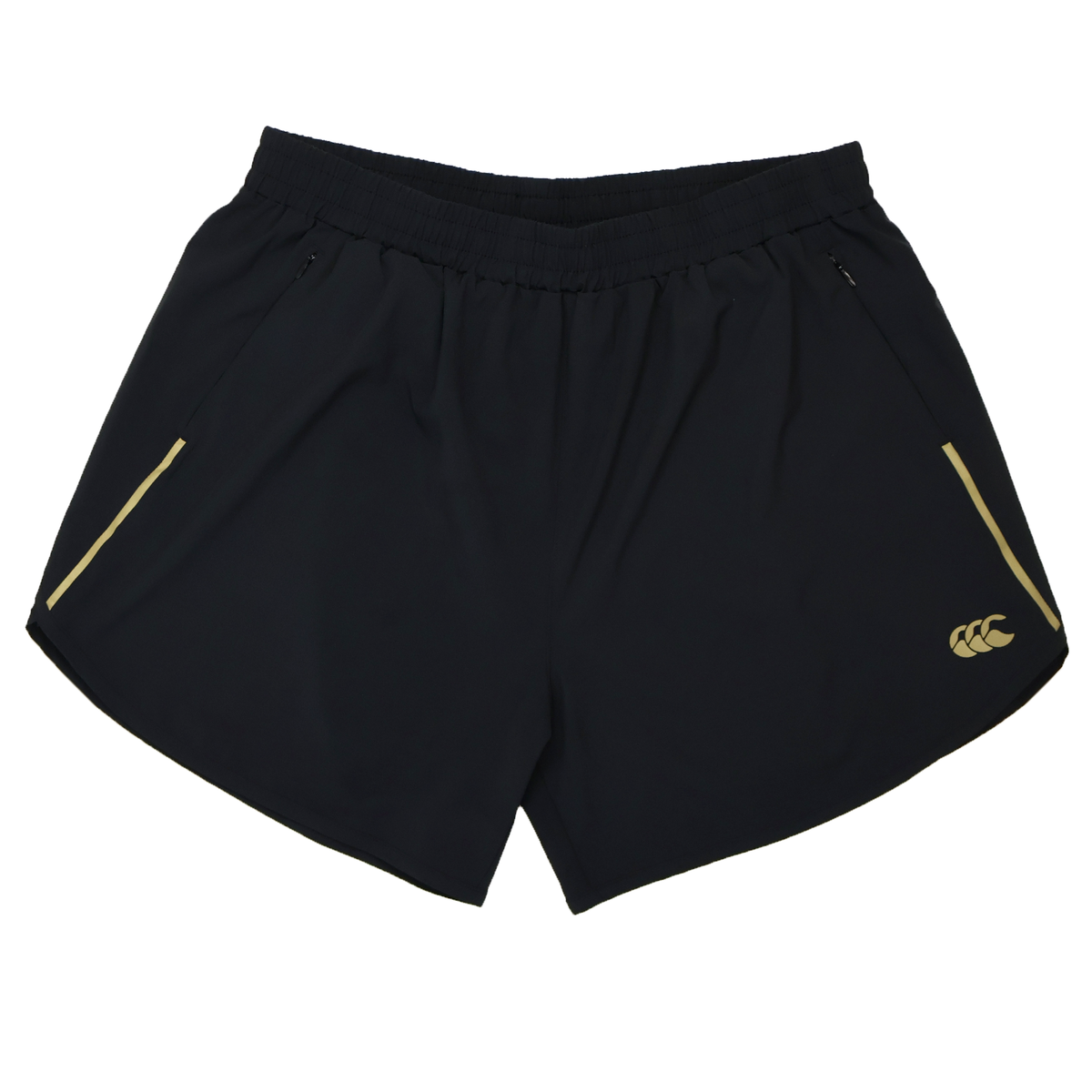 The Canterbury Women's Tempo+ 5" Training Shorts feature an elastic waistband, two zippered side pockets, moisture-wicking fabric, and a yellow logo on the lower right leg.