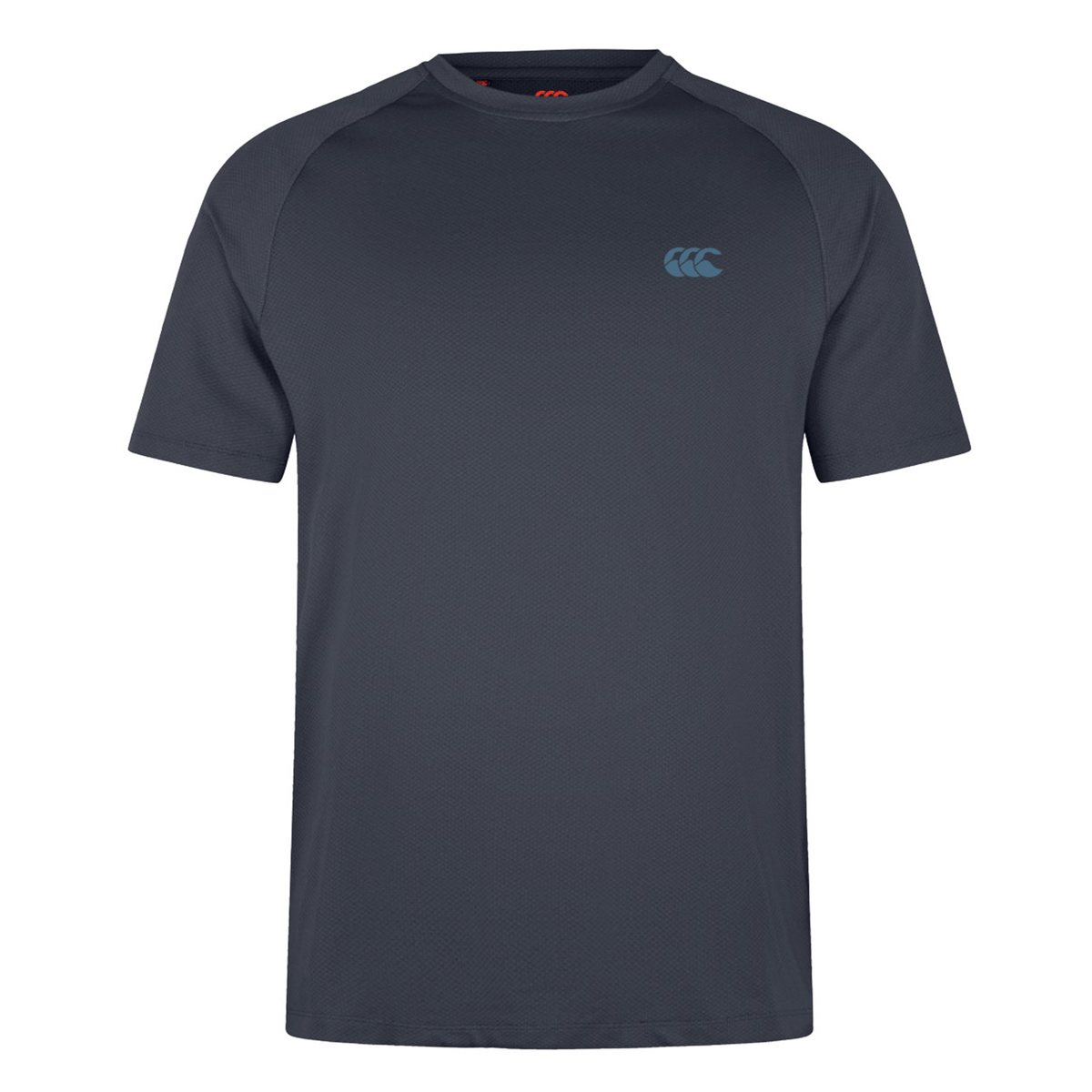 The Canterbury Tempo+ Training Tee is a dark blue, short-sleeve sports t-shirt with a dynamic design and a small logo on the left chest, made from moisture-wicking fabric for ultimate comfort.