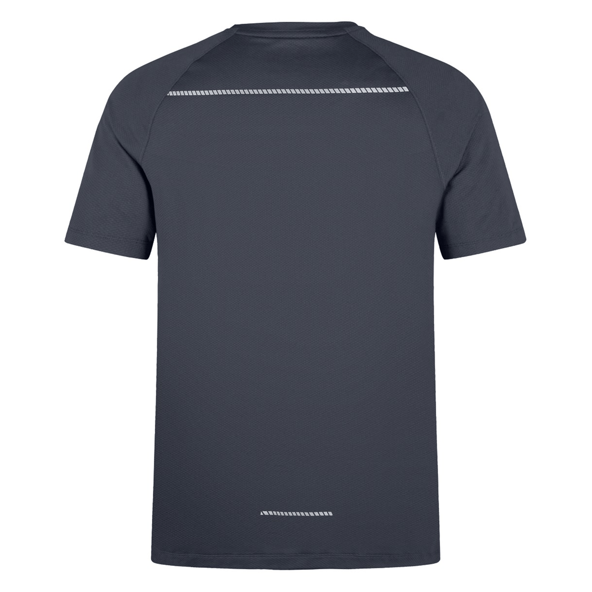 Back view of the Canterbury Tempo+ Training Tee by Canterbury, a dark gray short-sleeve athletic shirt with reflective stripes on the upper back and lower section, made from moisture-wicking fabric for a dynamic look and enhanced comfort.