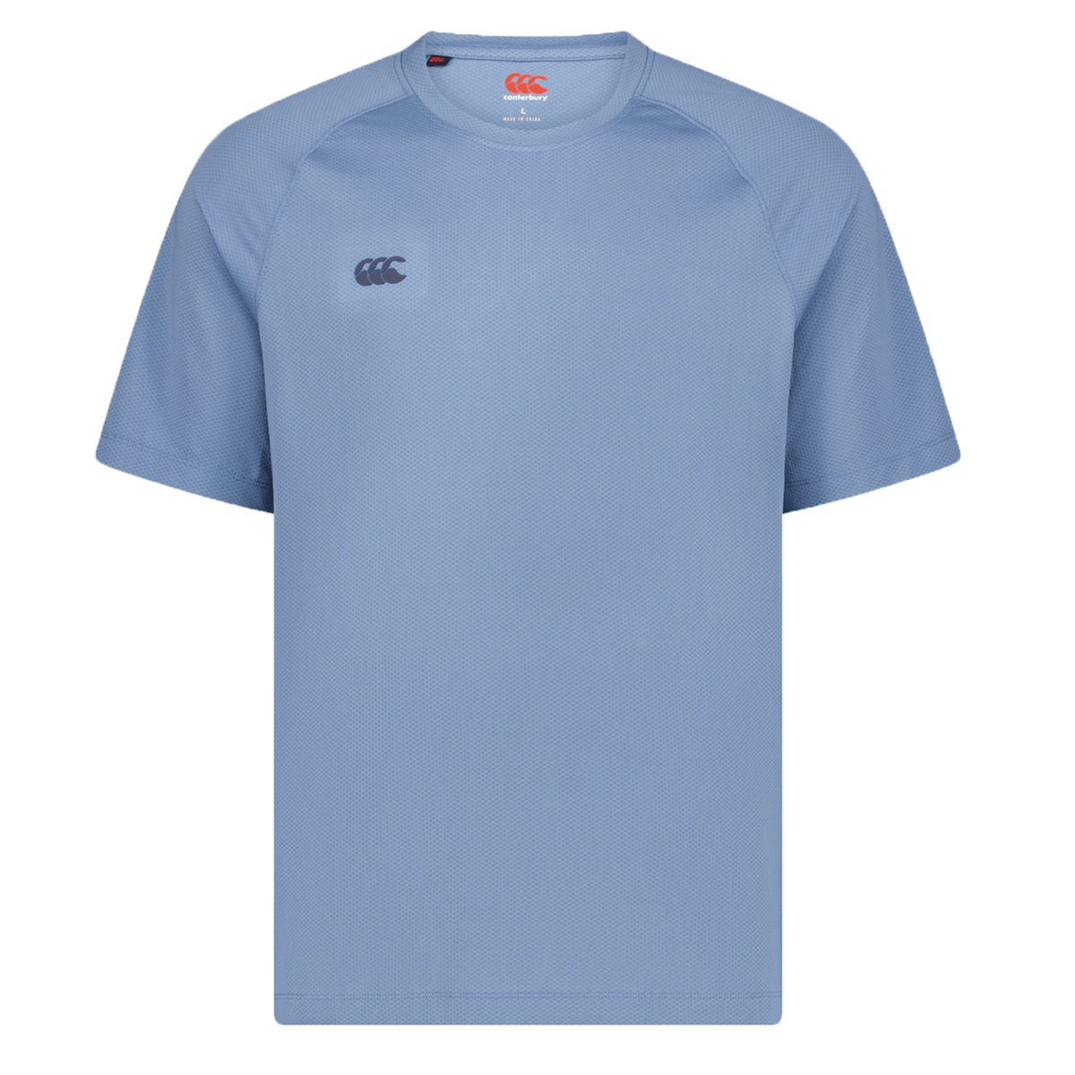 The Canterbury Tempo+ Training Tee is a light blue, short-sleeve sports shirt with a chest logo, crafted from moisture-wicking fabric.