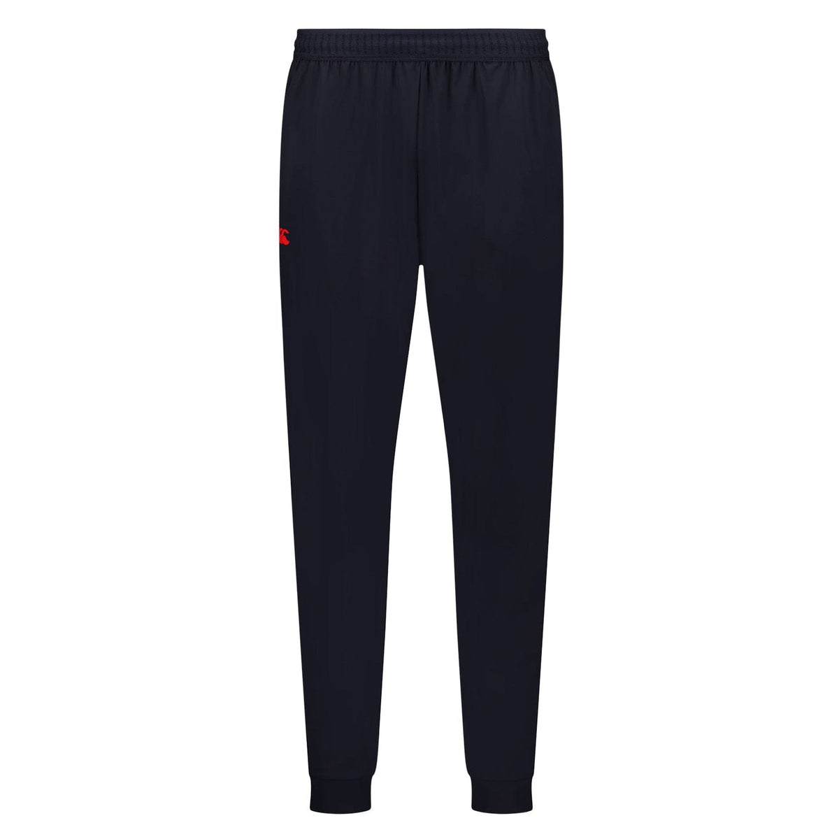 The Canterbury Everest Woven Pant features quick-drying, four-way stretch fabric for comfort and flexibility. These black athletic pants include an elastic waistband and cuffs, along with a small red logo on the left thigh.