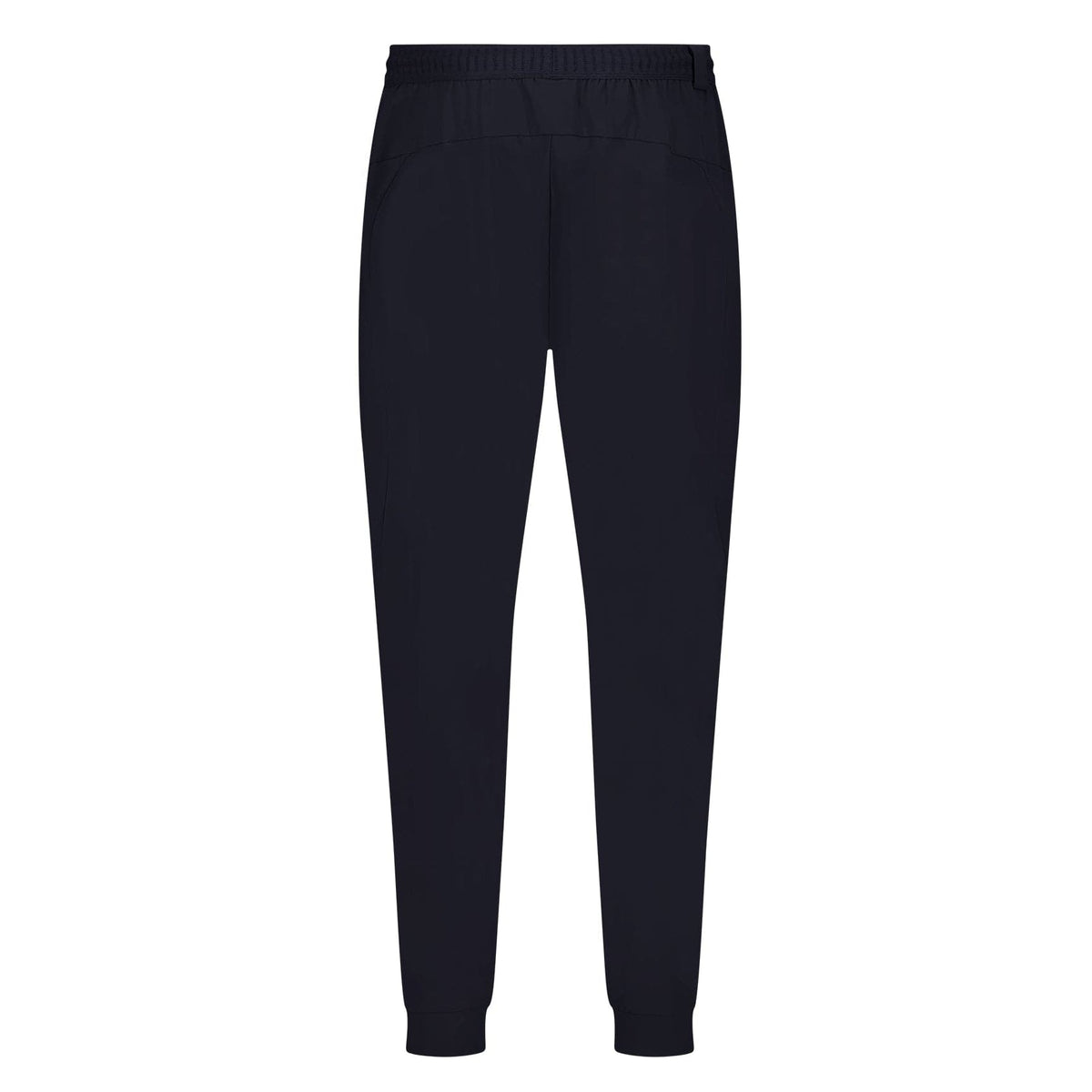 The Canterbury Everest Woven Pants, by Canterbury, are black joggers with four-way stretch and an elastic waistband. Featuring tapered legs for comfort, they are quick drying and perfect for any activity, shown on a white background.
