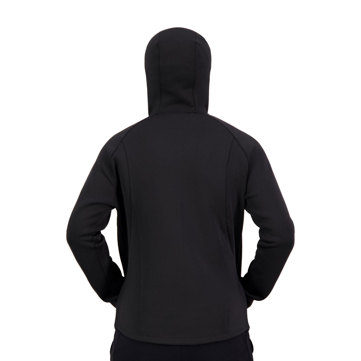 A person wearing a Canterbury Everest Full-Zip Hoodie stands confidently with their back to the camera and hands on hips. This comfortable, practical training companion features invisible zip pockets ideal for securing essentials during any journey.