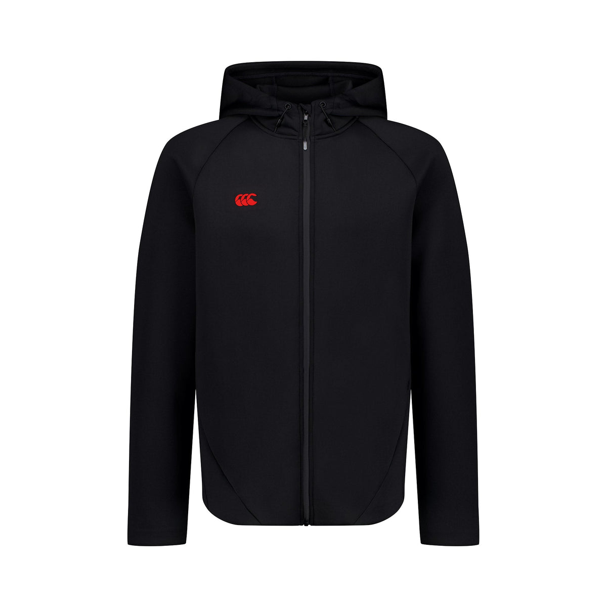 The Canterbury Everest Full-Zip Hoodie is your perfect training partner, featuring a minimalist black design, invisible zip pockets, a hood, and a red logo accent on the left chest. The full front zipper combines style and convenience for any workout.