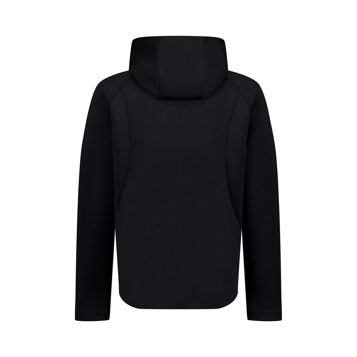 The back view of the Canterbury Everest Full-Zip Hoodie in black, with discreet zip pockets, is displayed on a white background, making it an ideal training companion.