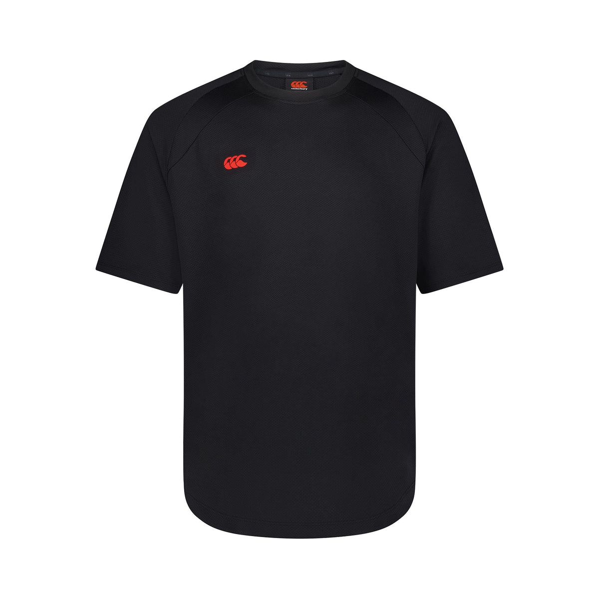 Experience peak performance with the Canterbury Everest Tee, a black short-sleeve athletic shirt showcasing laser-cut holes and a bold red logo on the left chest.