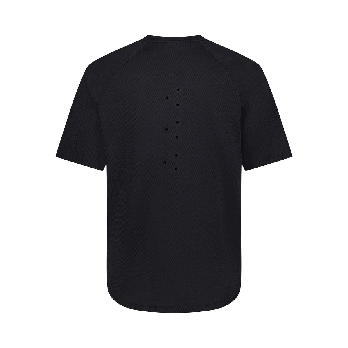 Back view of the Canterbury Everest Tee: a black short-sleeved shirt with laser-cut ventilation holes along the spine for optimal performance.