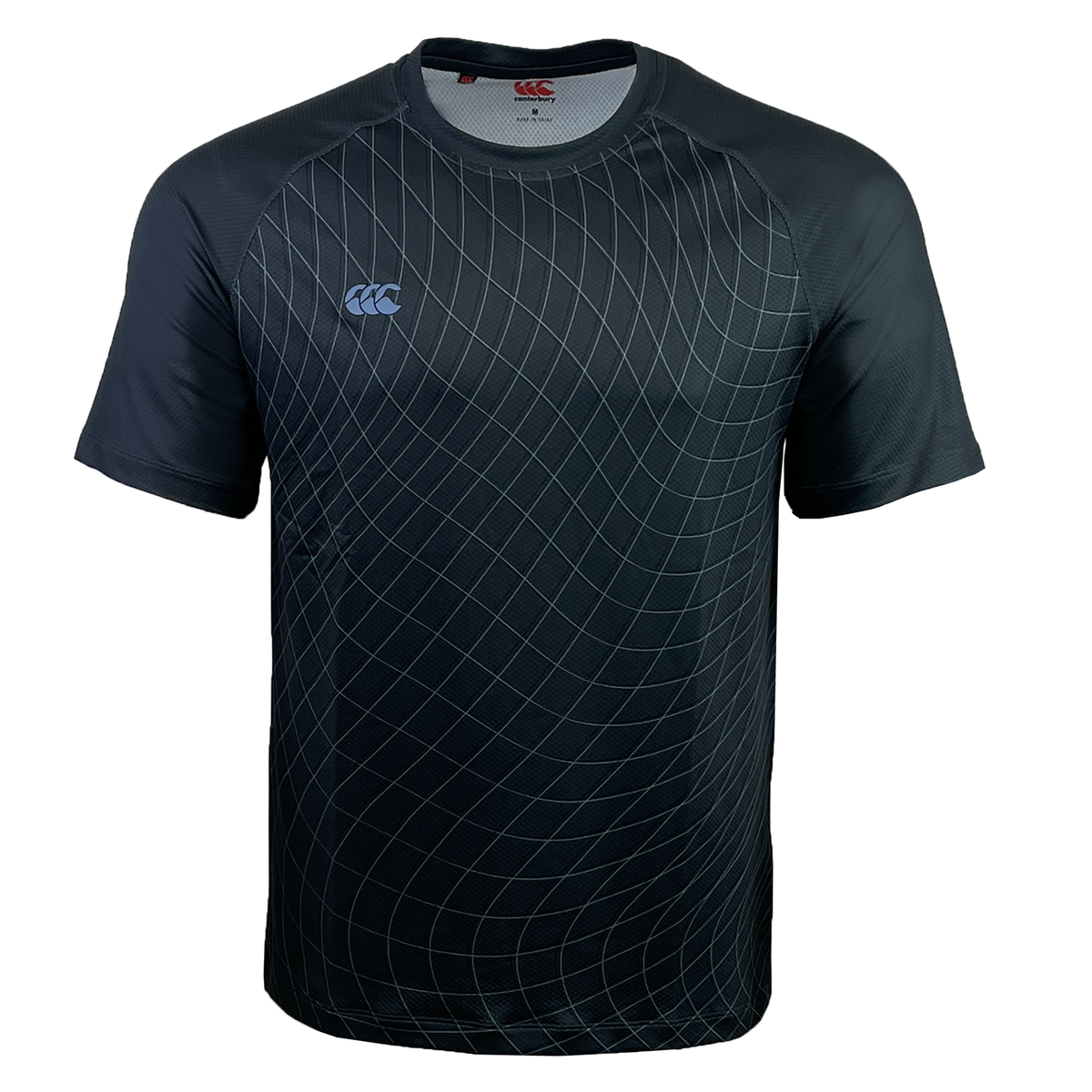 The Canterbury Tempo+ AOP Training Tee is a black athletic shirt with a subtle geometric wave pattern and logo on the left chest, made from moisture-wicking fabric.