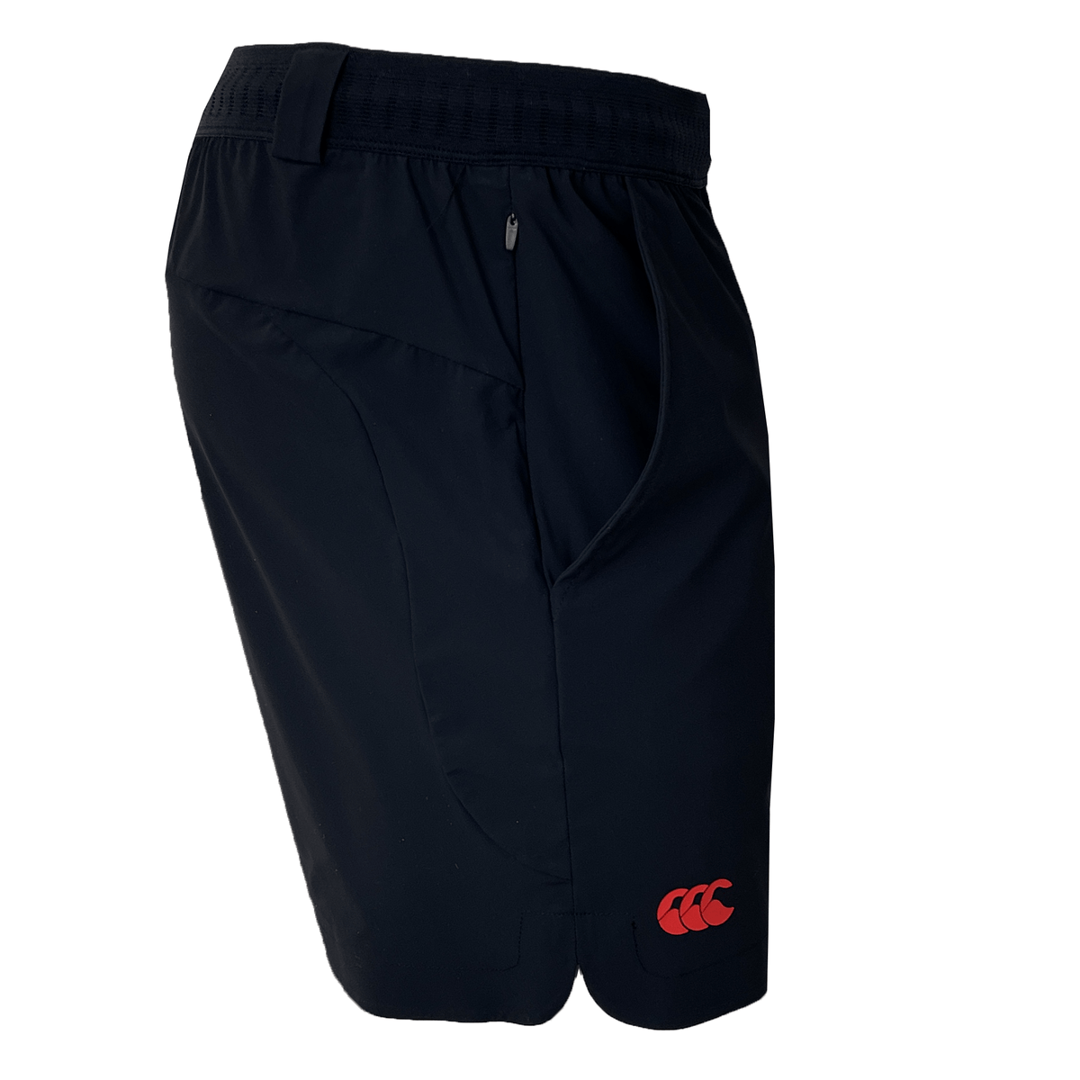 Experience comfort with the Canterbury Everest 7" Woven Short—black athletic shorts made of quick-drying, four-way stretch fabric. These shorts feature an elastic waistband, a side zipper pocket, and a prominent red logo on the lower right leg for style and convenience in any activity.