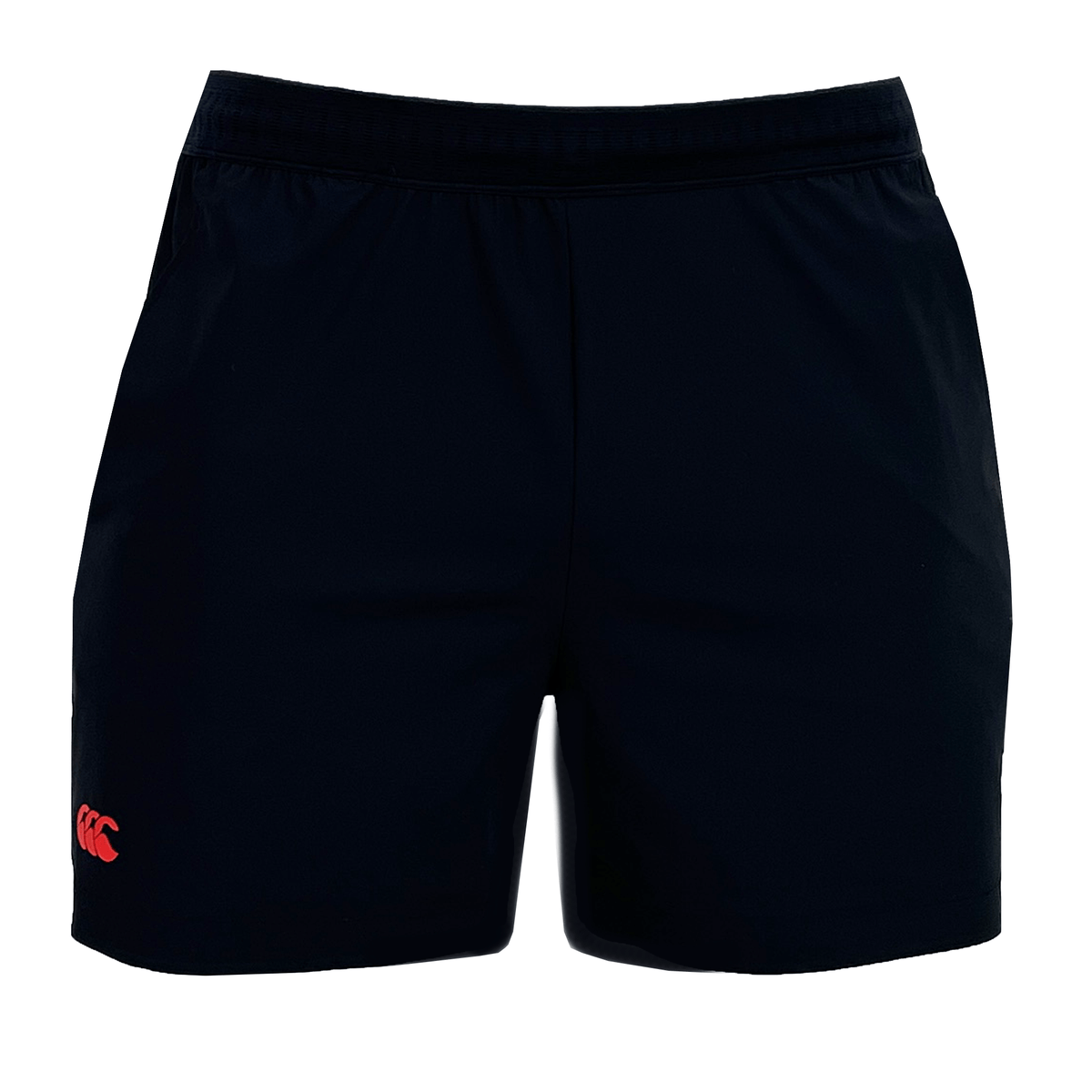 Introducing the Canterbury Everest 5" Woven Short: black athletic shorts featuring a red logo on the lower left side. Made from quick-drying fabric with four-way stretch, they offer optimal movement and comfort during workouts.
