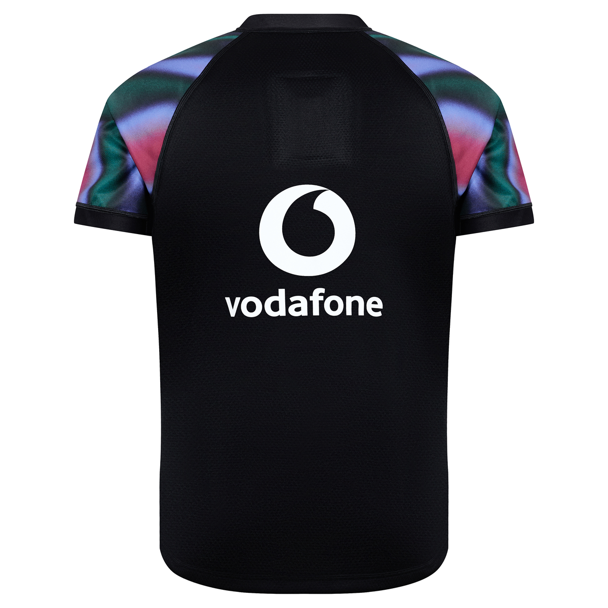 Back view of the Ireland 25/26 Pre Game Pro Jersey by Canterbury, featuring the Vodafone logo in white and multicolored sleeve patterns.