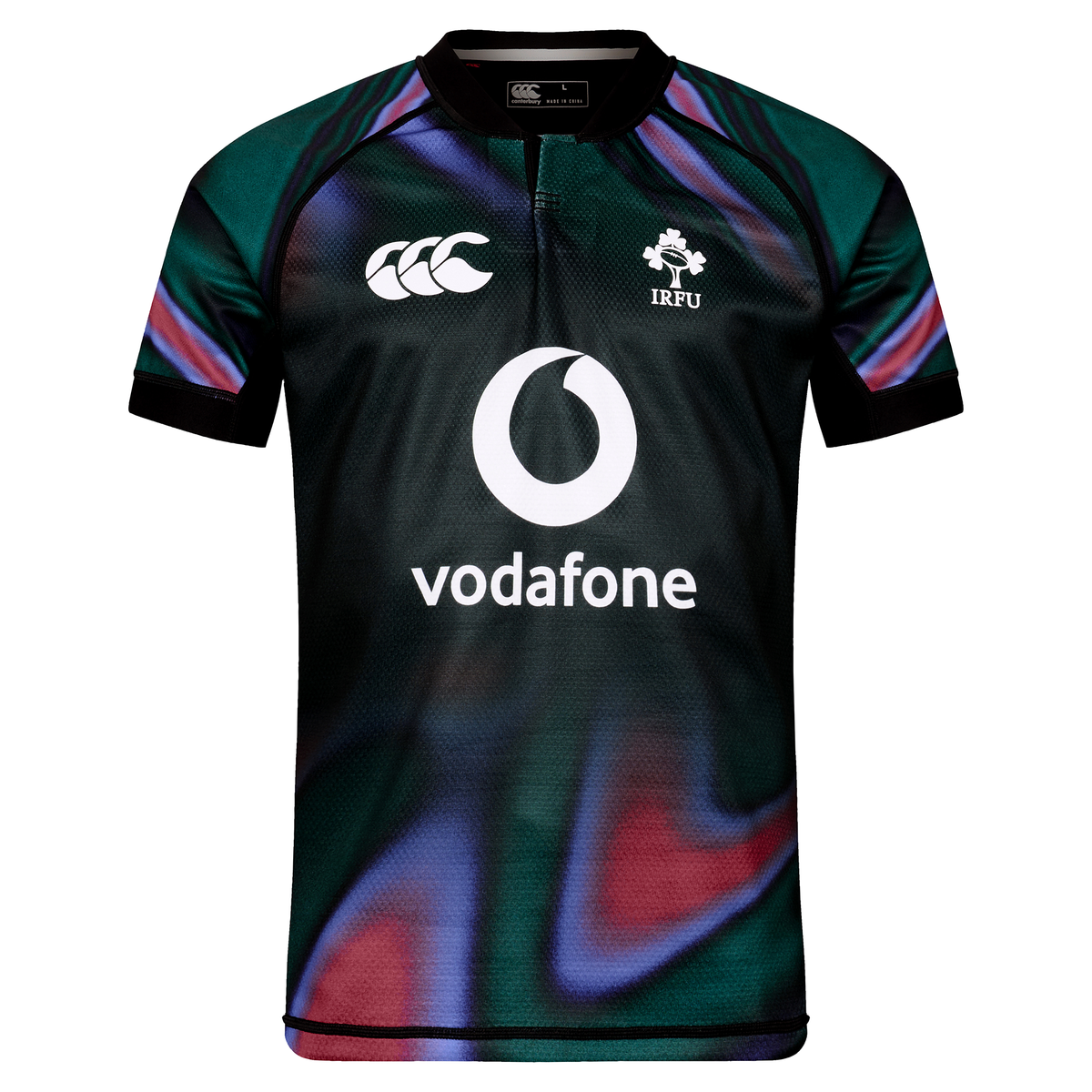 Front view of the Ireland 25/26 Pre Game Pro Jersey by Canterbury, featuring IRFU and Vodafone logos, a black collar and cuffs, and a colorful abstract pattern on dark fabric. Made with Canterbury Vapodri for comfort and performance.