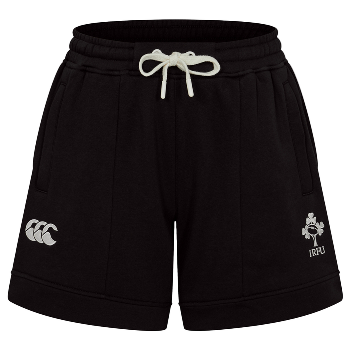 The Women&#39;s Ireland 25/26 Knit Short by Canterbury features black athletic design, a white drawstring, the Canterbury logo on the left leg, and an IRFU logo on the right.