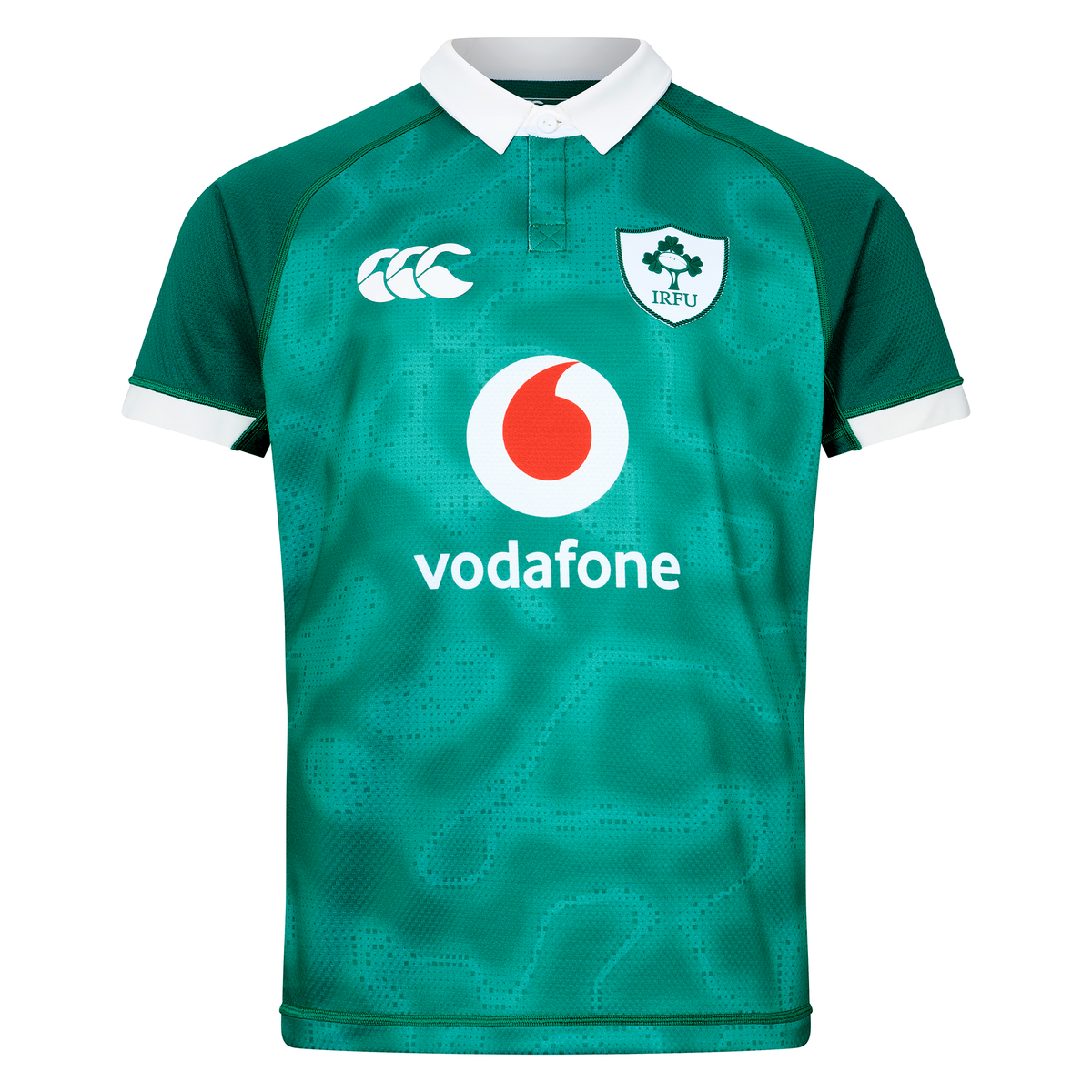 The Ireland 25/26 Home Test Jersey by Canterbury features a white collar, IRFU and Canterbury logos, and Vodafone sponsor on the front—a performance rugby shirt from the official Canterbury Test Jersey range.