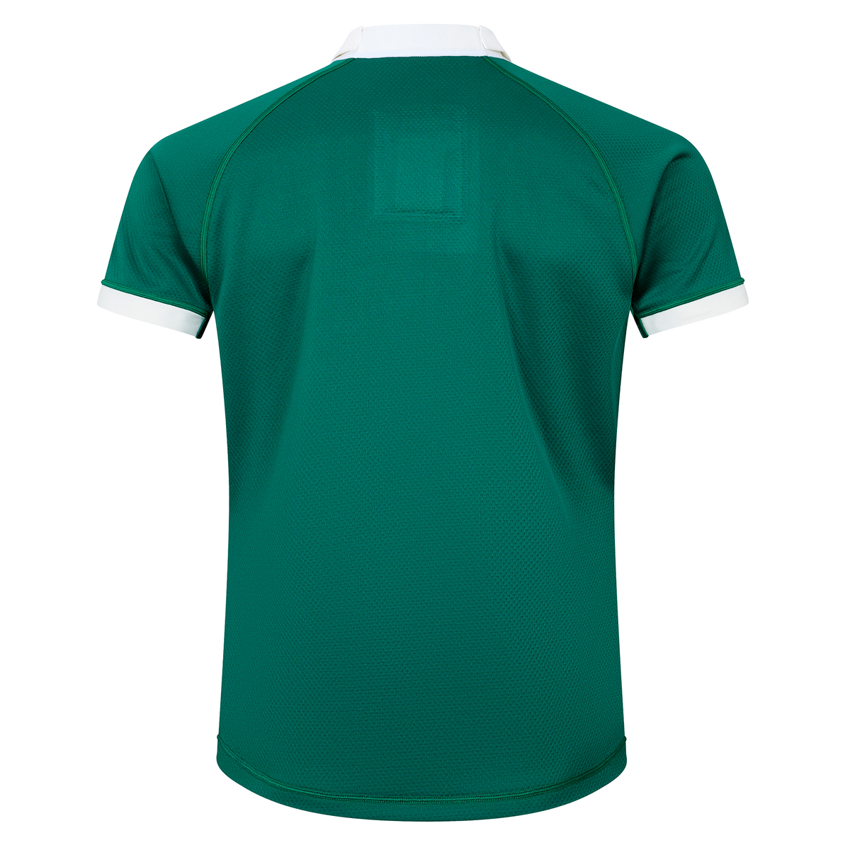 The Ireland 25/26 Home Test Jersey by Canterbury features green short sleeves, a white collar and sleeve cuffs, and is shown from the back against a white background.