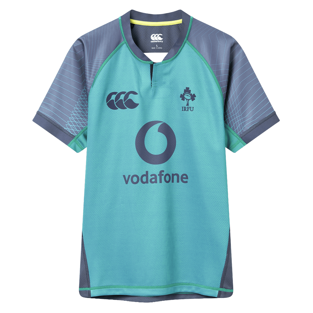 Support Ireland rugby in the Canterbury Ireland 26/27 Summer Tour "Baltic" Training Test Jersey—a short-sleeve teal and gray top with sponsor and team logos, including the Vodafone logo and IRFU crest.