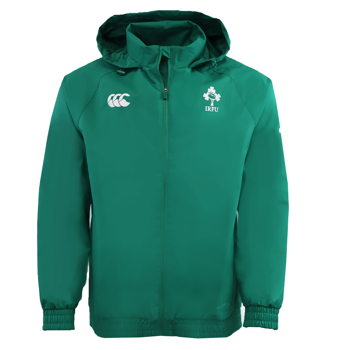 Stay warm in the Ireland 25/26 Anthem Jacket by Canterbury, featuring a green VapoShield design with zipper, IRFU logo on the right chest, and Canterbury logo on the left. Perfect for showing your support!.