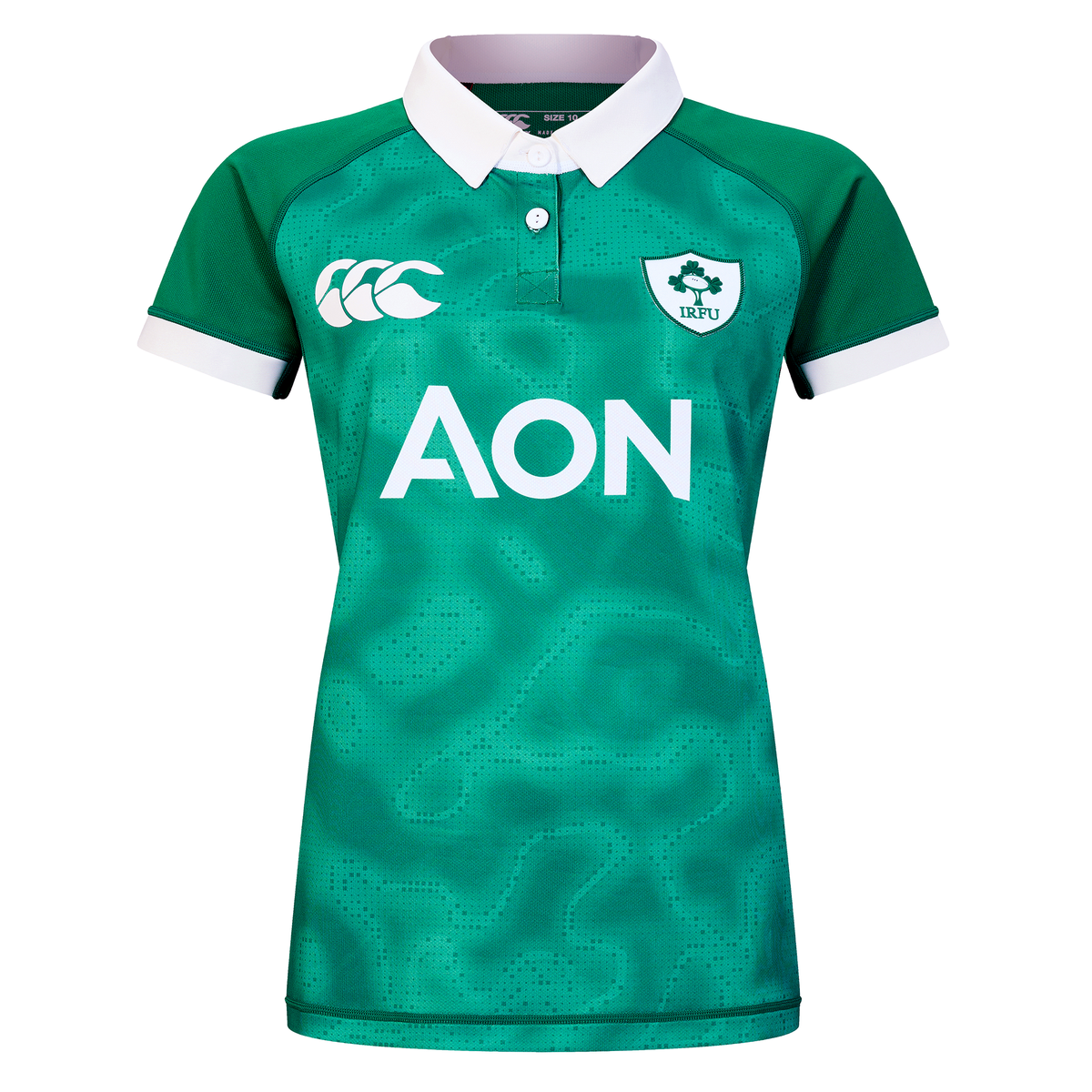Show your support with the Women&#39;s Ireland WIRFU 25/26 Pro Home Jersey by Canterbury, featuring a classic green design with white collar and cuffs, IRFU crest, AON sponsor, and Canterbury logo—ideal for dedicated rugby fans.