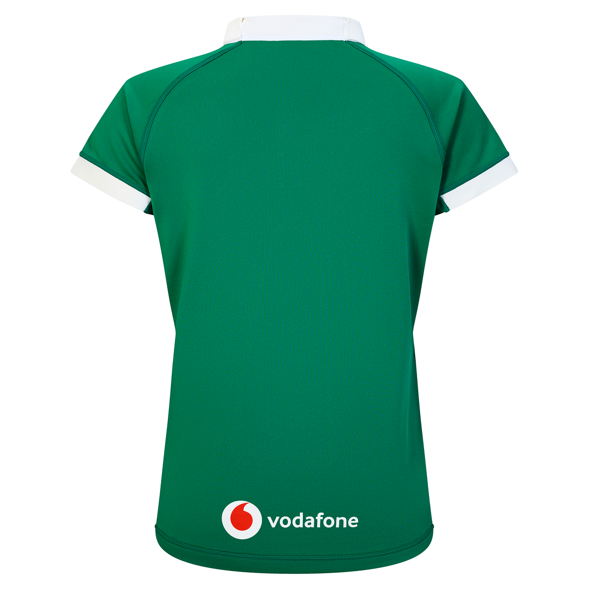 The Women&#39;s Ireland WIRFU 25/26 Pro Home Jersey by Canterbury is a green short-sleeve jersey with white collar and sleeve trim, featuring a Vodafone logo on the lower back.
