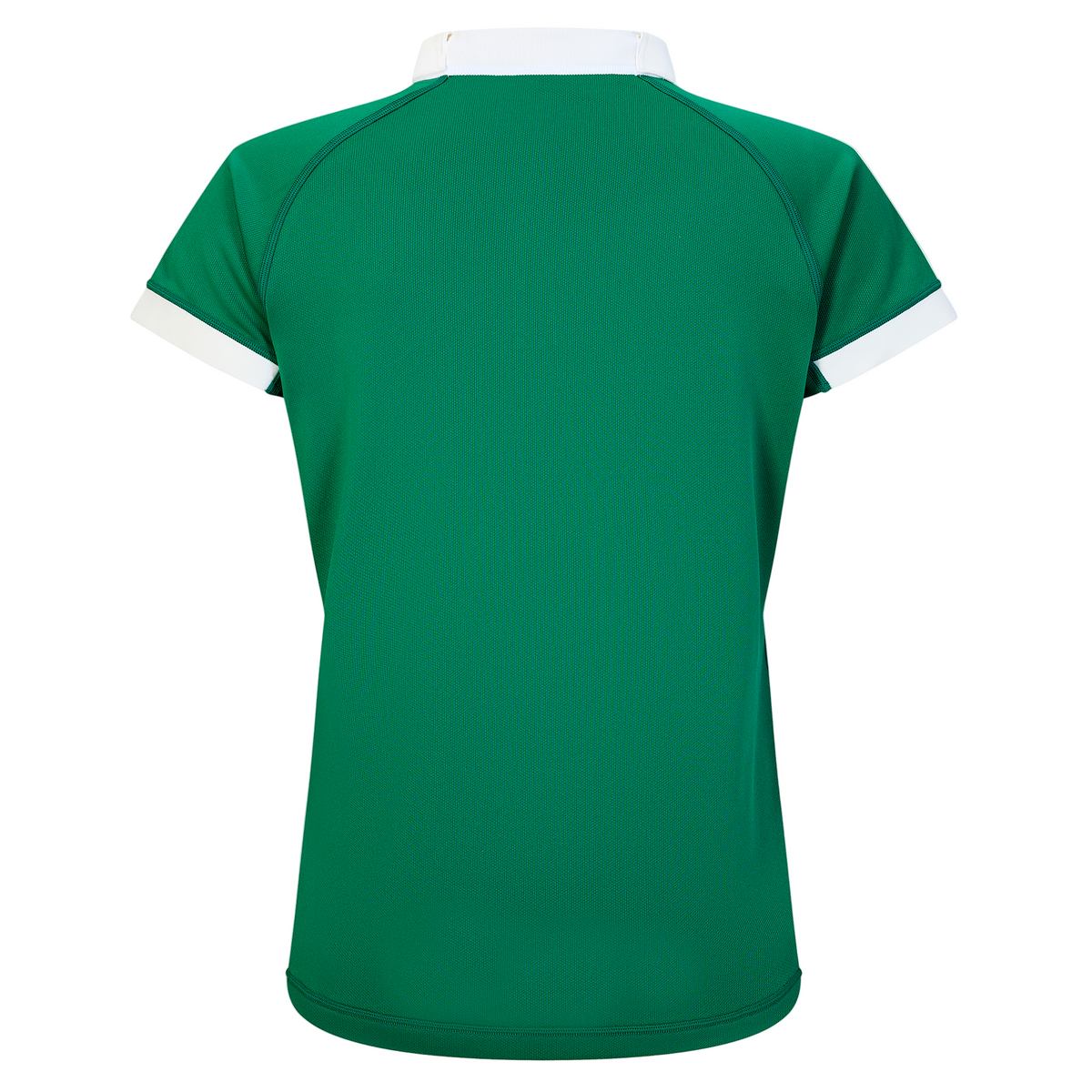 Back view of the Women&#39;s Ireland 25/26 Home Pro Jersey by Canterbury in green with white trim on the collar and sleeve cuffs, shown against a plain white background.