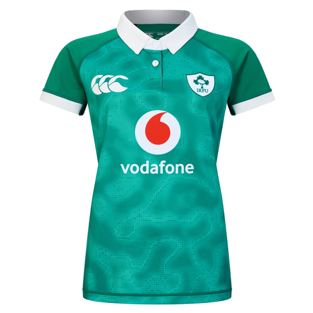 The Women&#39;s Ireland 25/26 Home Pro Jersey by Canterbury features a green short-sleeved design, white collar, IRFU logo, Canterbury branding, and Vodafone sponsor on the front.