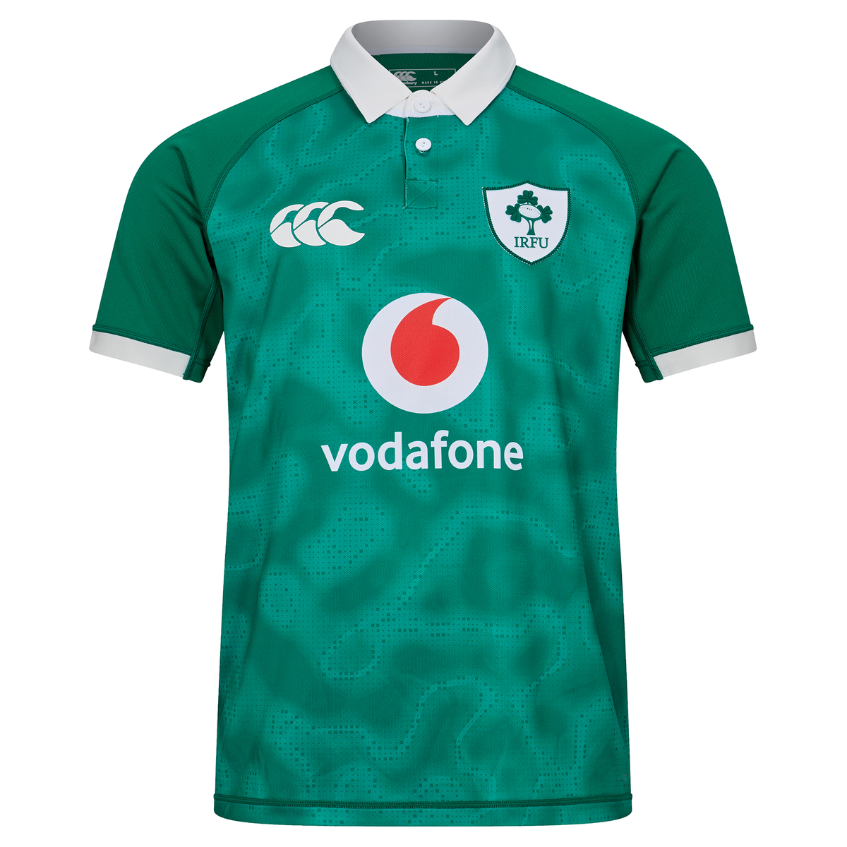 The Ireland 25/26 Home Pro Jersey by Canterbury features the iconic white collar and official logos—an authentic Irish Rugby jersey by Canterbury, ideal for dedicated fans and collectors.