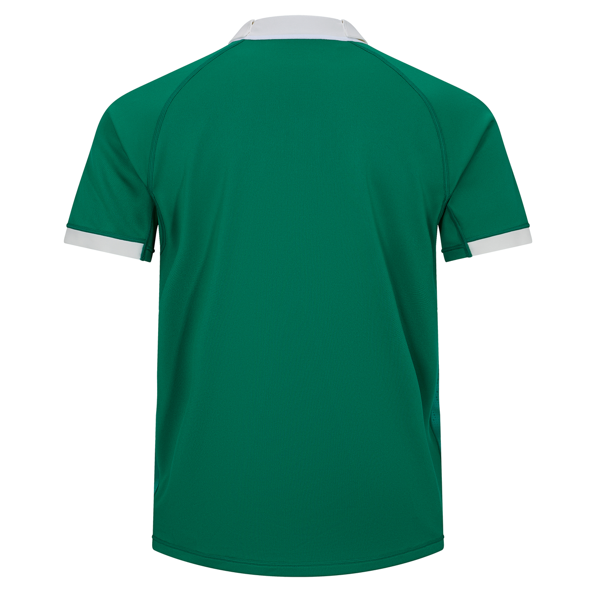 The Ireland 25/26 Home Pro Jersey by Canterbury is a green short-sleeve rugby shirt with a white collar and sleeve trim, shown from the back.