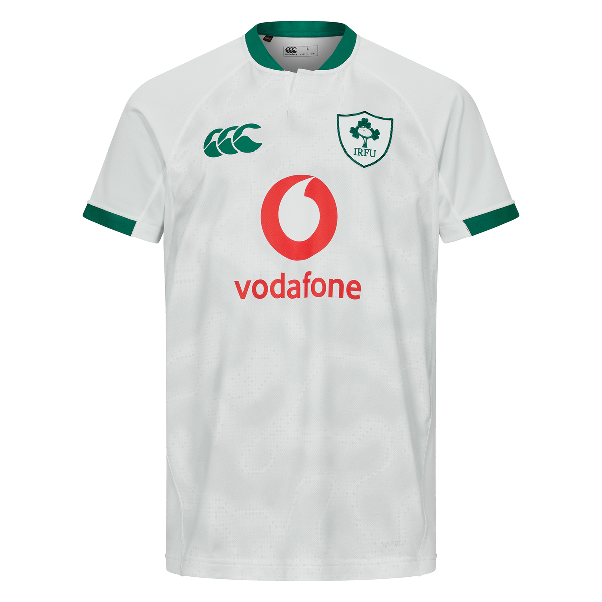 The Ireland 25/26 Alternate Pro Jersey by Canterbury features a white design with green collar and sleeves, the IRFU crest, Canterbury Vapodri technology, and Vodafone sponsor logo on the front.