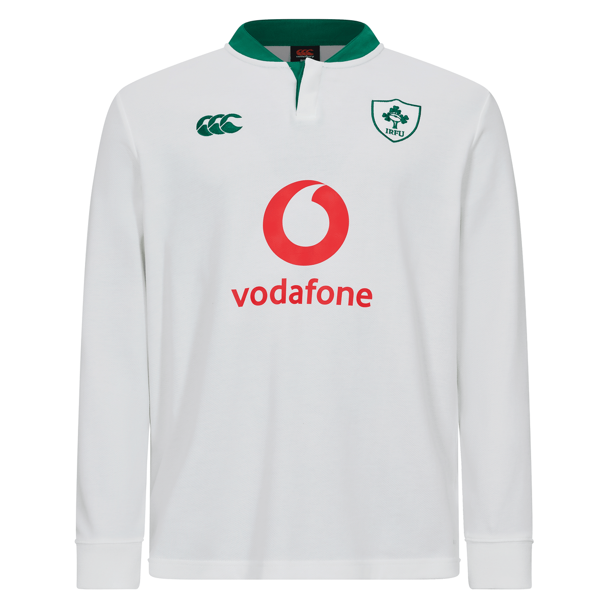 The Ireland 25/26 Long Sleeve Classic Alternate Jersey by Canterbury features a heritage white design with green trim, the Irish Rugby Football Union logo, Canterbury branding, and Vodafone sponsor on the front.