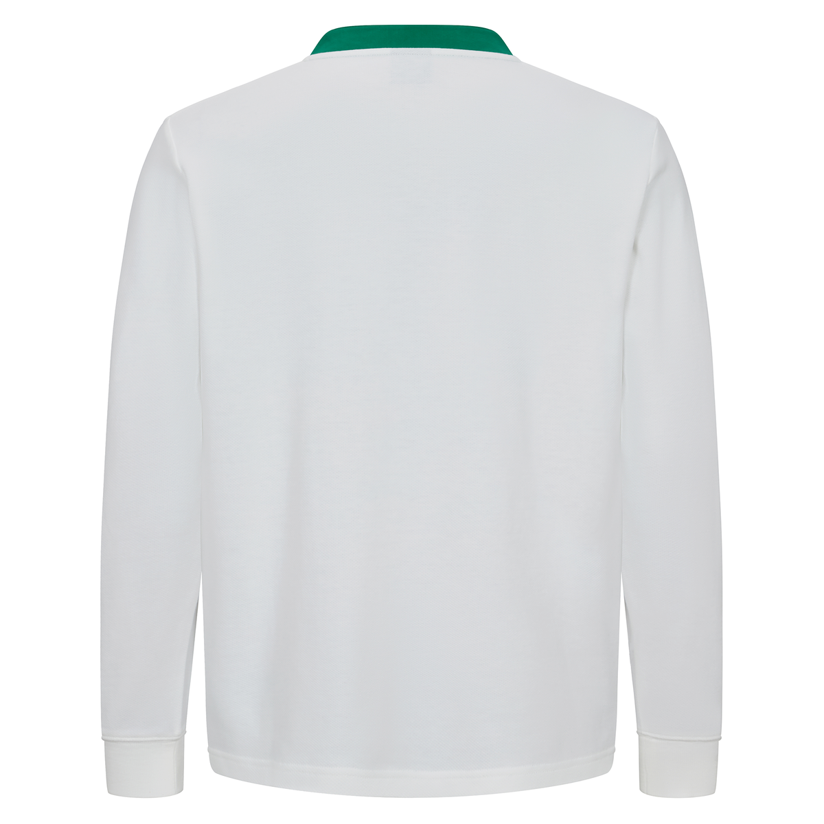 Back view of the Canterbury Ireland 25/26 Long Sleeve Classic Alternate Jersey in white with a green collar, featuring classic Ireland rugby design, displayed against a plain white background.
