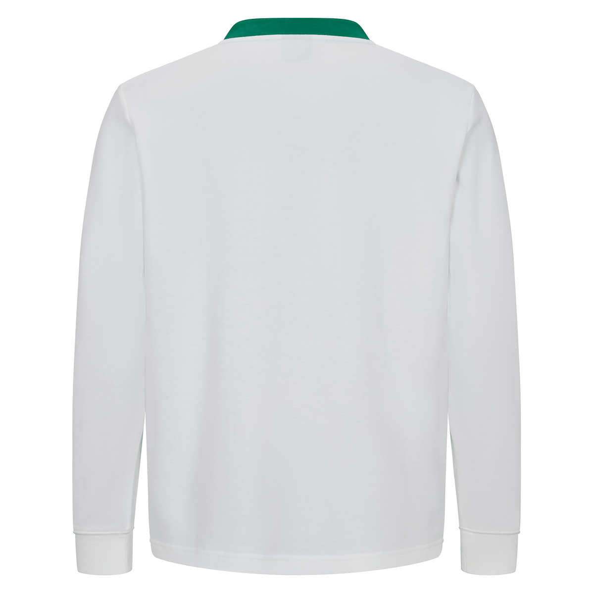 Back view of the Canterbury Ireland 25/26 Long Sleeve Classic Alternate Jersey in white with a green collar, featuring classic Ireland rugby design, displayed against a plain white background.