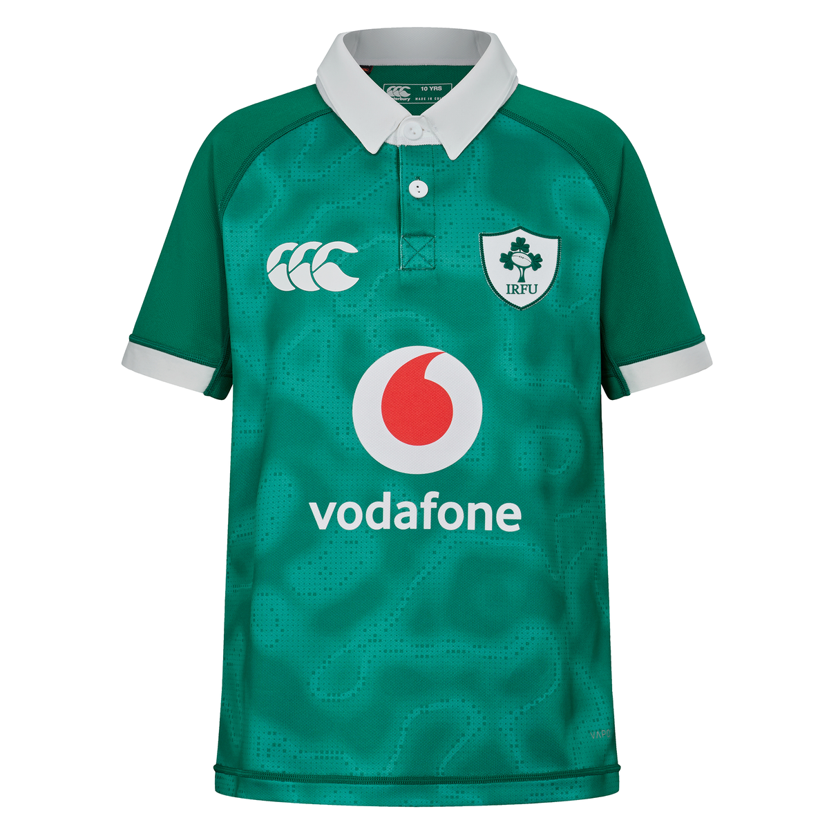 The Youth Ireland 25/26 Home Pro Jersey by Canterbury is a green, short-sleeve rugby top with a white collar and cuffs, featuring Canterbury, Vodafone, and IRFU logos on the front.
