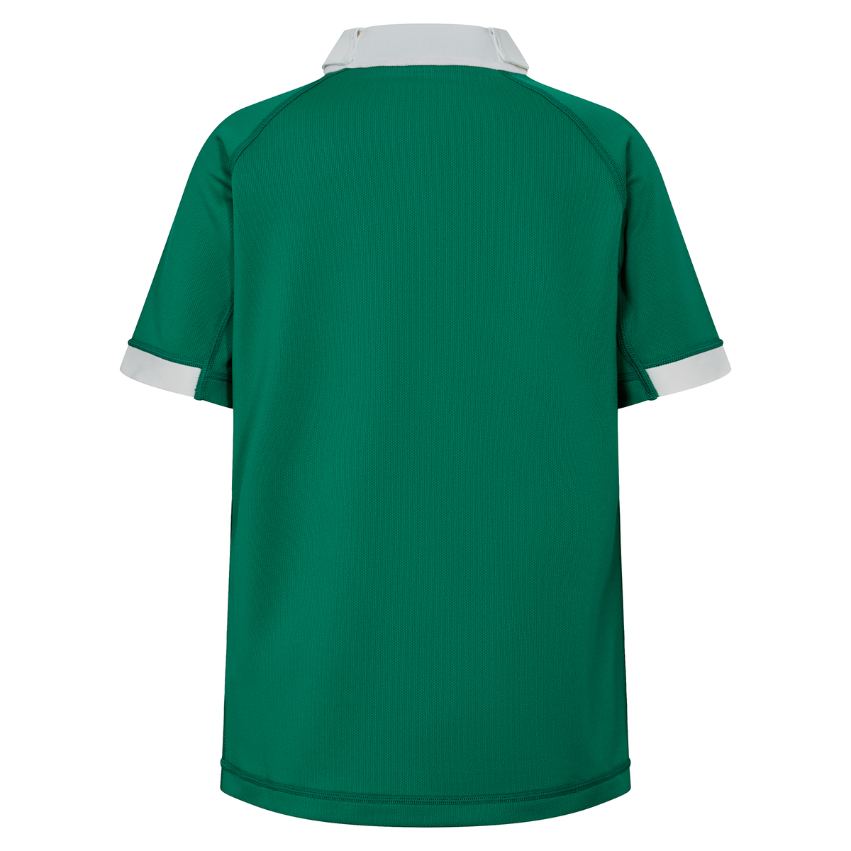 The Youth Ireland 25/26 Home Pro Jersey by Canterbury is a green short-sleeve top with a white collar and sleeve cuffs, shown from the back against a white background.