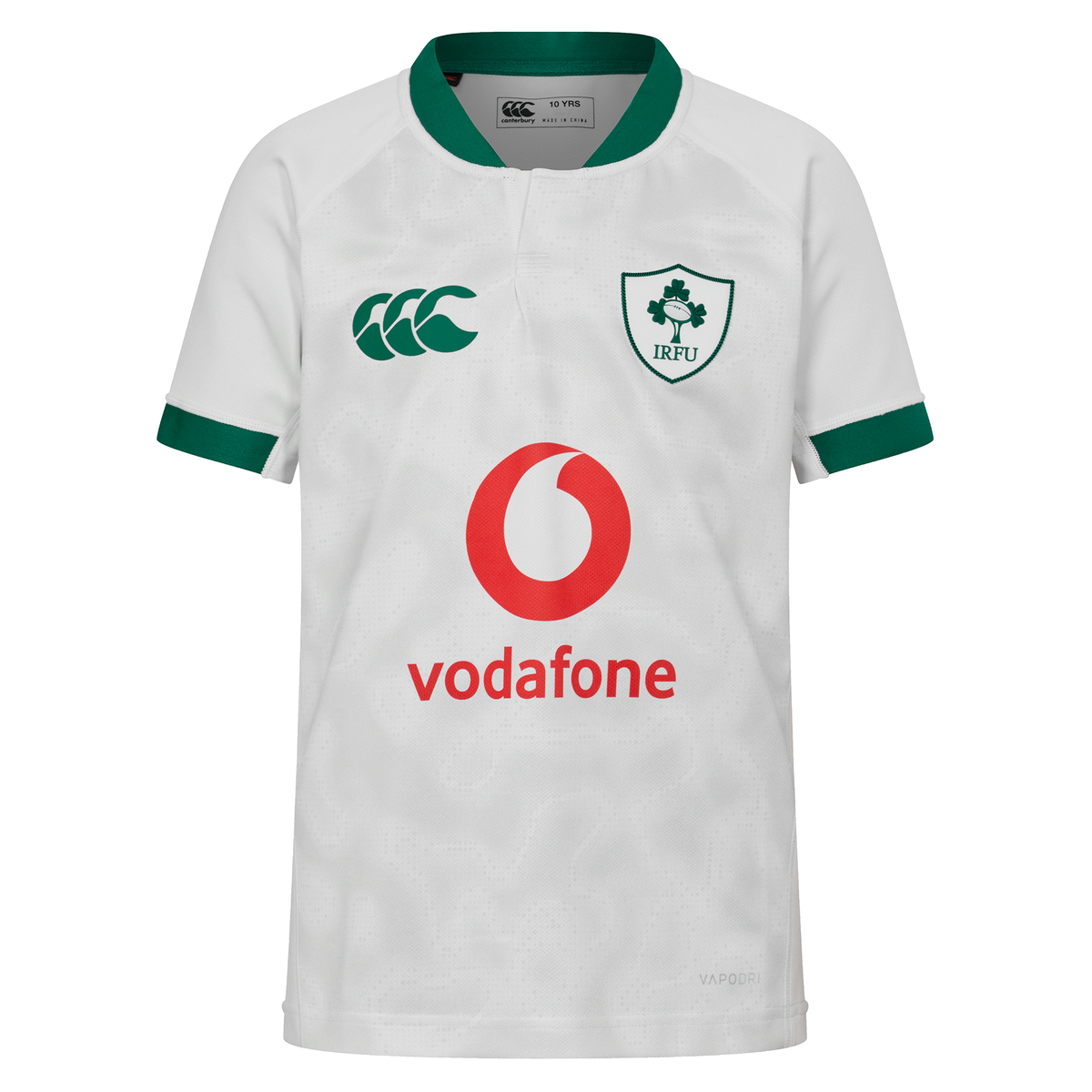 The Youth Ireland 25/26 Alternate Pro Jersey by Canterbury is a white youth rugby jersey with green trim, featuring the IRFU and Canterbury logos plus a Vodafone sponsor on the front.