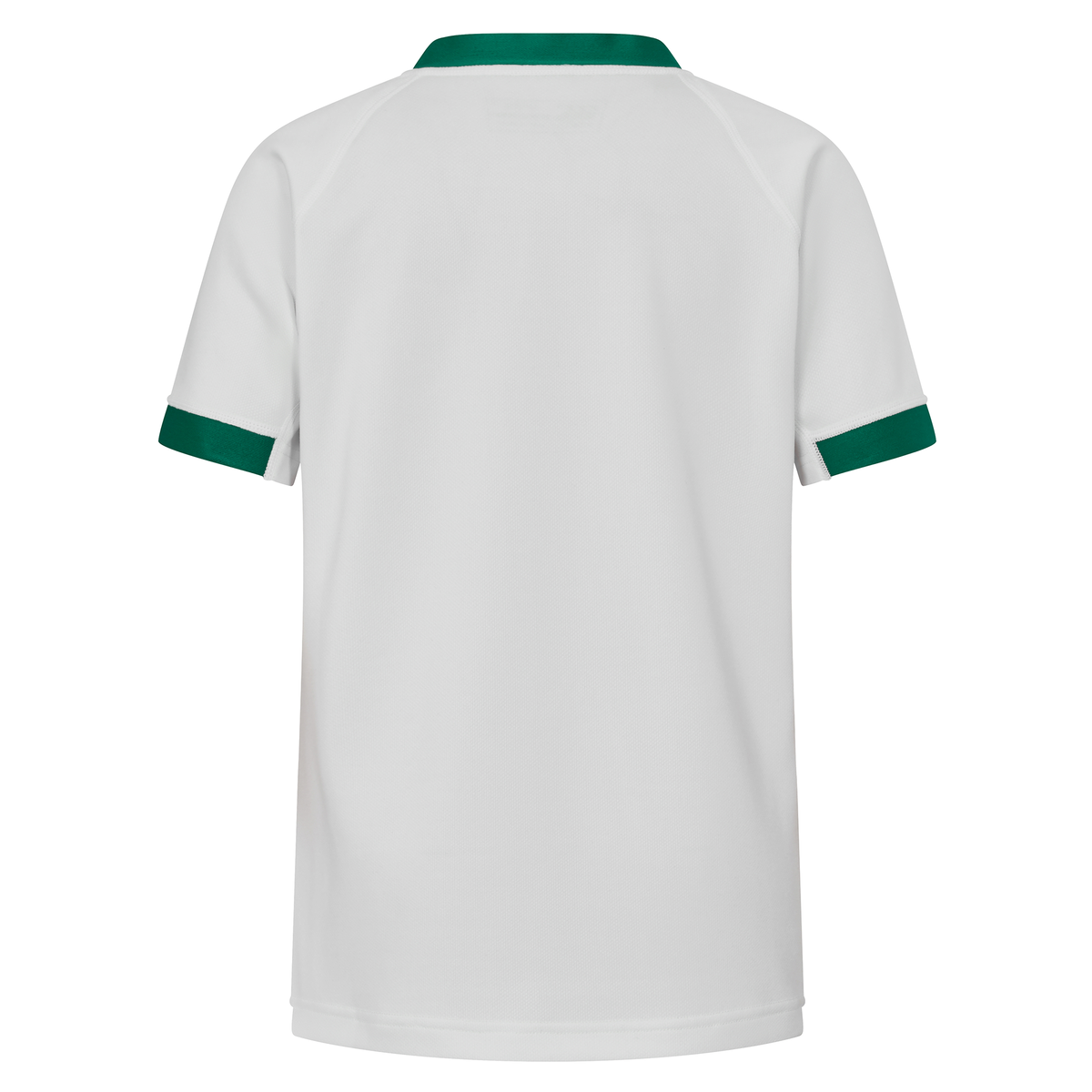 Back view of the Canterbury Youth Ireland 25/26 Alternate Pro Jersey: short-sleeved, white with a green collar and sleeve cuffs, shown on a plain white background.