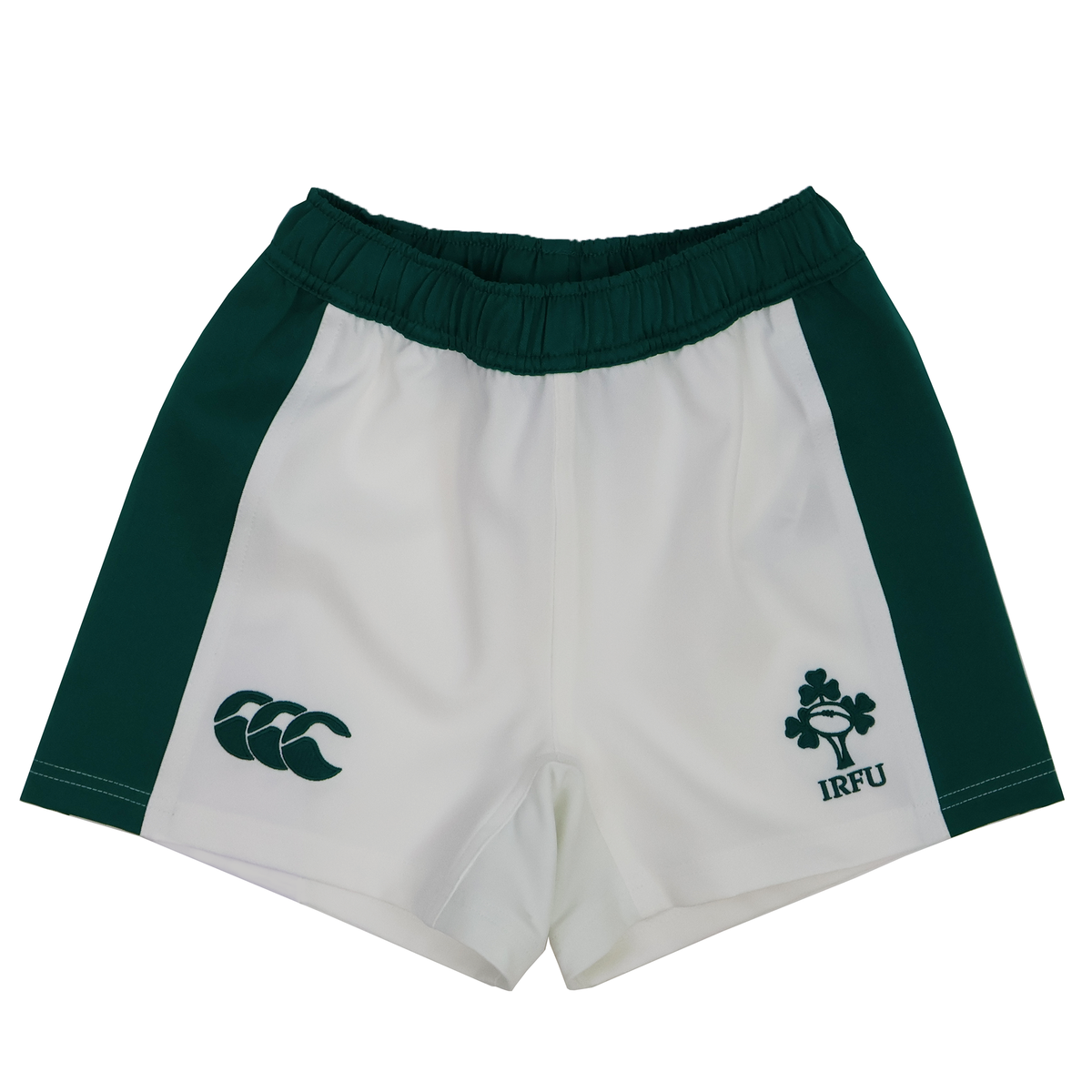The Youth Ireland 25/26 Home Match Short by Canterbury features an elastic waistband, white and green design, plus the Canterbury logo and IRFU crest on the front.