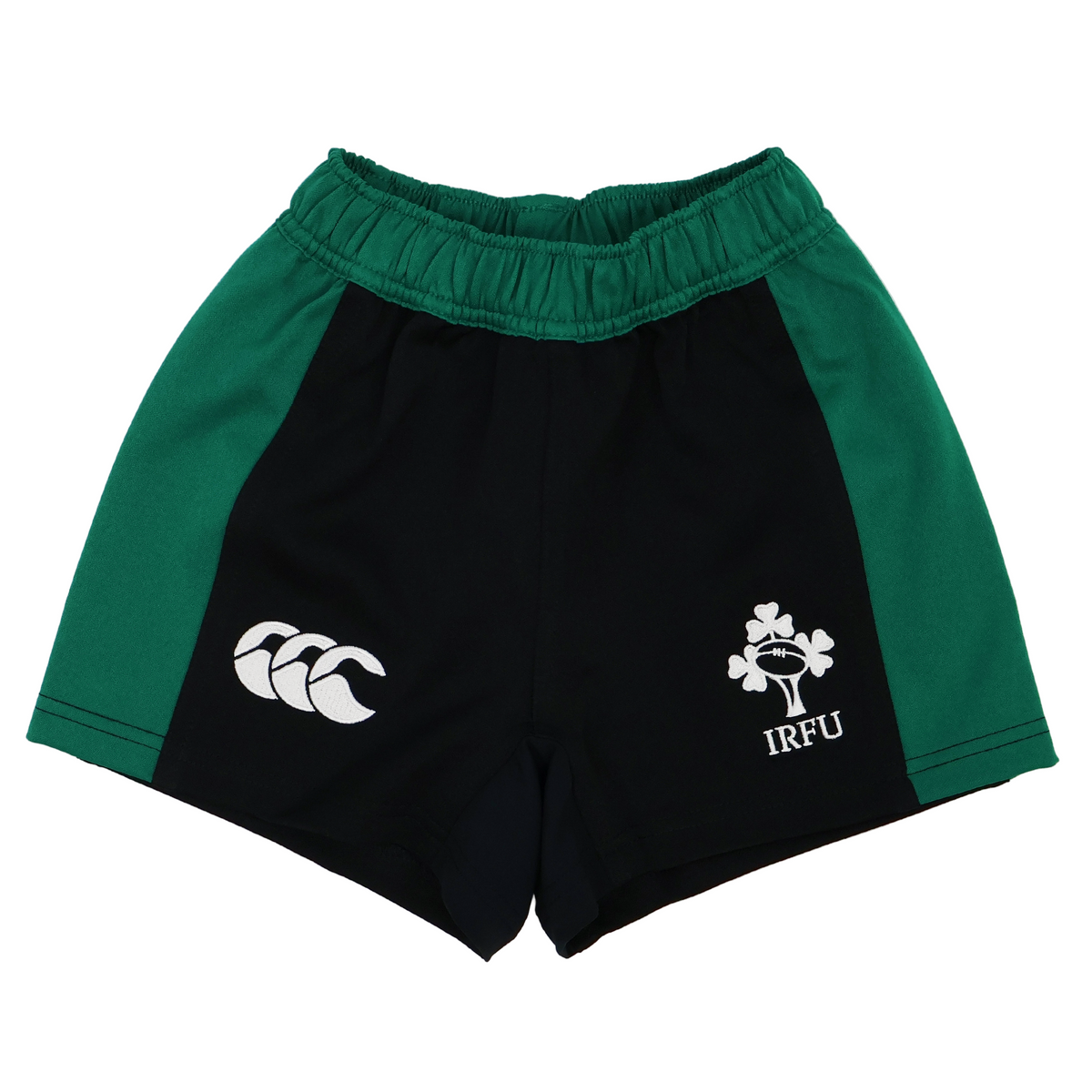 Support Ireland in the Youth Ireland 25/26 Alternate Match Short by Canterbury, featuring green and black colors, an elastic waistband, and IRFU and Canterbury branding—perfect for young fans of the new kit.