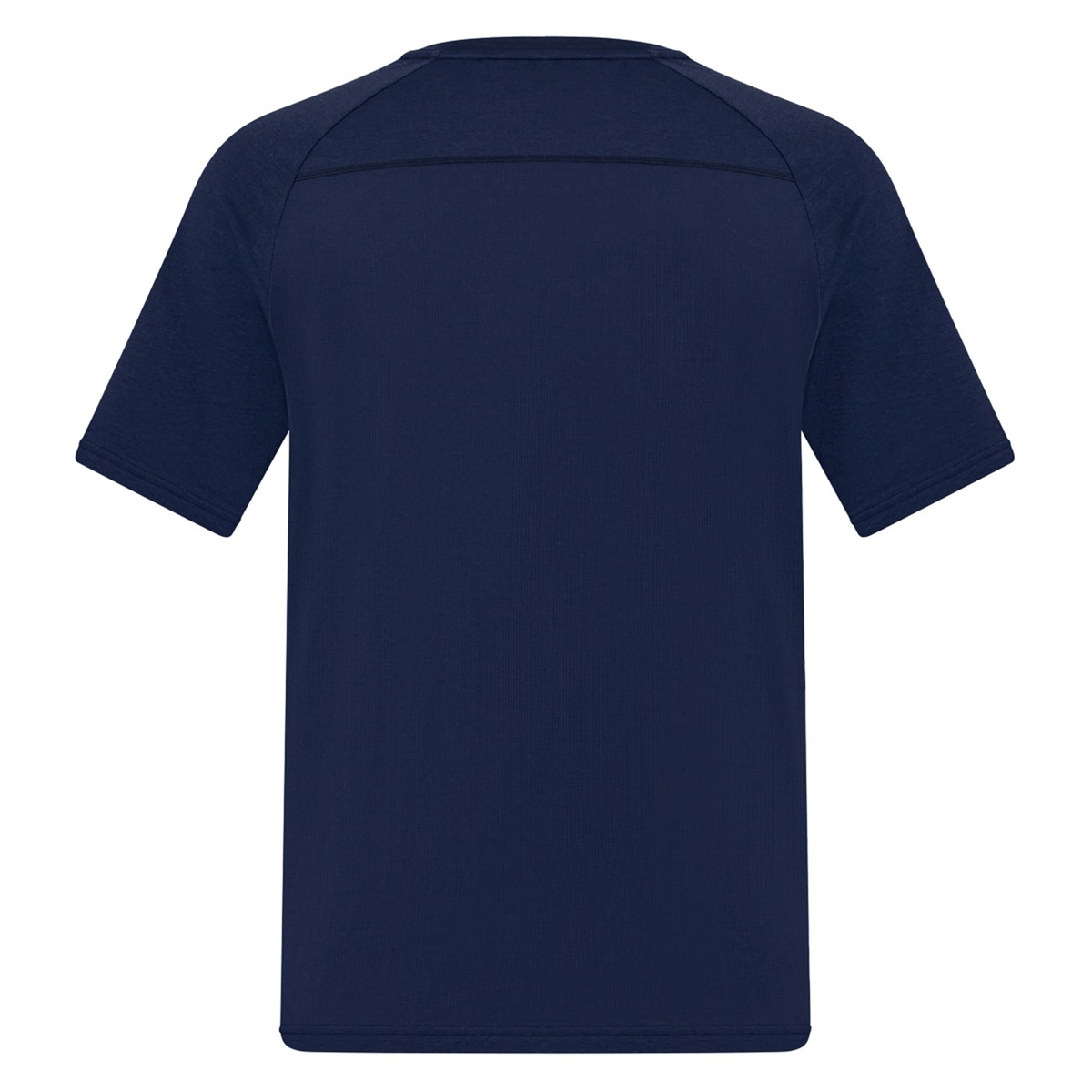 Back view of the Canterbury Everest Dart Tech T-Shirt by Canterbury, a plain navy blue short-sleeve top made from breathable, quick-drying workout fabric with no visible logos or patterns for ultimate comfort.