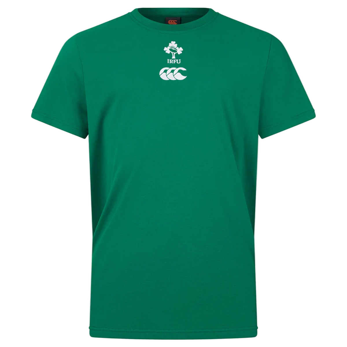 The Ireland 25/26 Team Cotton Tee by Canterbury is a green short-sleeved shirt with white shamrock and Canterbury logos on the chest—an essential rugby fan staple.