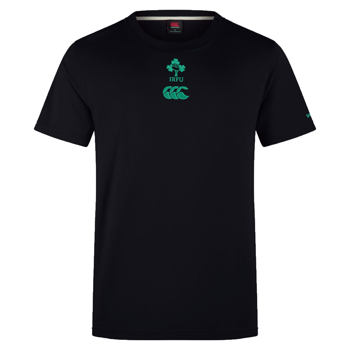 The Ireland 25/26 Team Cotton Tee by Canterbury is a plain black short-sleeve rugby shirt with the IRFU and Canterbury logos in green on the chest.