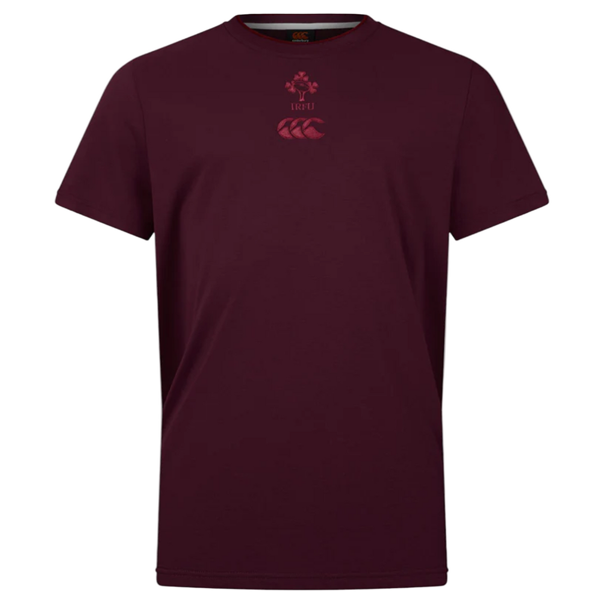 The Ireland 25/26 Team Cotton Tee by Canterbury is a plain maroon short-sleeve shirt with a subtle Canterbury logo and “IRFU” text centered on the chest.