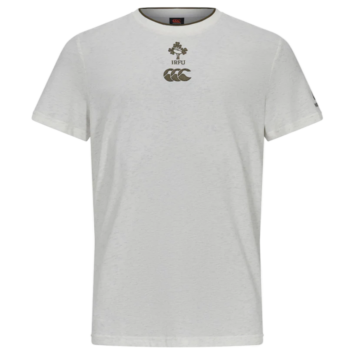 The Ireland 25/26 Team Cotton Tee by Canterbury is a plain white short-sleeve shirt with the IRFU and Canterbury logos printed on the front.