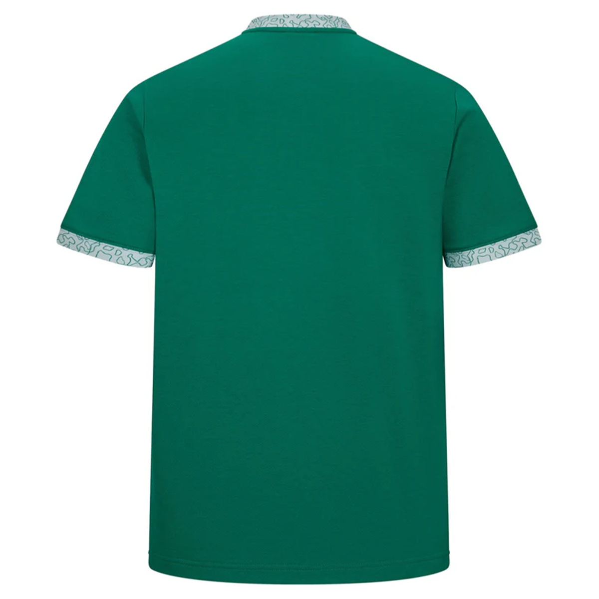 Back view of the Ireland WRWC25 Classic Jersey by Canterbury, a green women's rugby shirt with patterned trim on the collar and sleeves—stylish detailing for Rugby World Cup 2025.