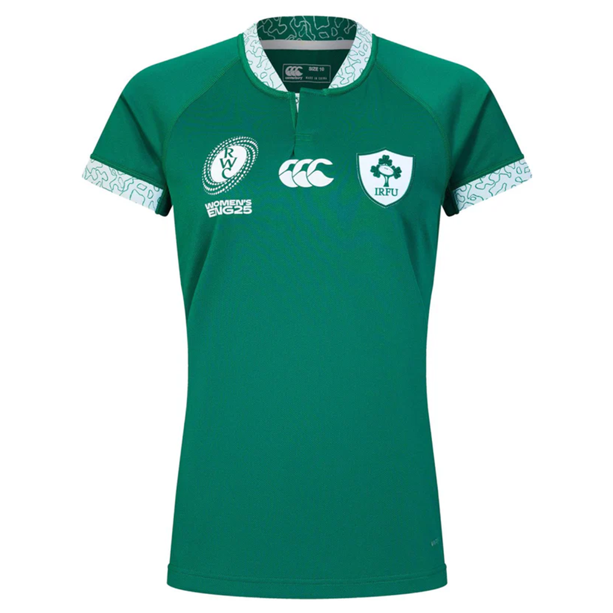 Show your support in the Women&#39;s Ireland WRWC25 Replica Home Jersey by Canterbury, featuring white and green collar and sleeve trim, IRFU and Canterbury logos, plus &quot;Women&#39;s Six Nations 2023&quot; on the chest—a must-have for Rugby World Cup 2025 fans.